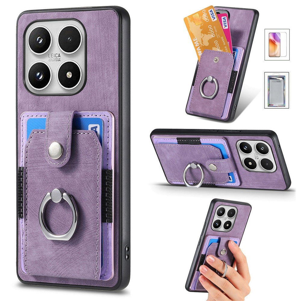 For Xiaomi 17 Case with Tempered Glass Screen Protector Card Slots PU Leather Ring Holder Kickstand Back Cover