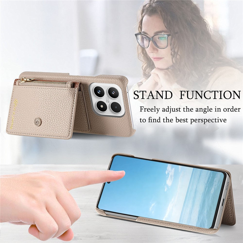 For Xiaomi 17 Case Zipper Card Holder Kickstand Litchi Texture Leather Back Cover with Tempered Glass Screen Protector