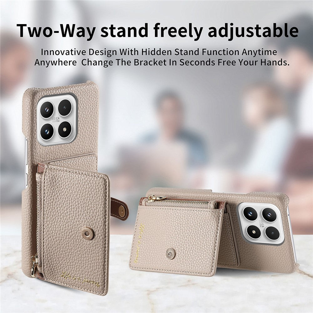 For Xiaomi 17 Case Zipper Card Holder Kickstand Litchi Texture Leather Back Cover with Tempered Glass Screen Protector