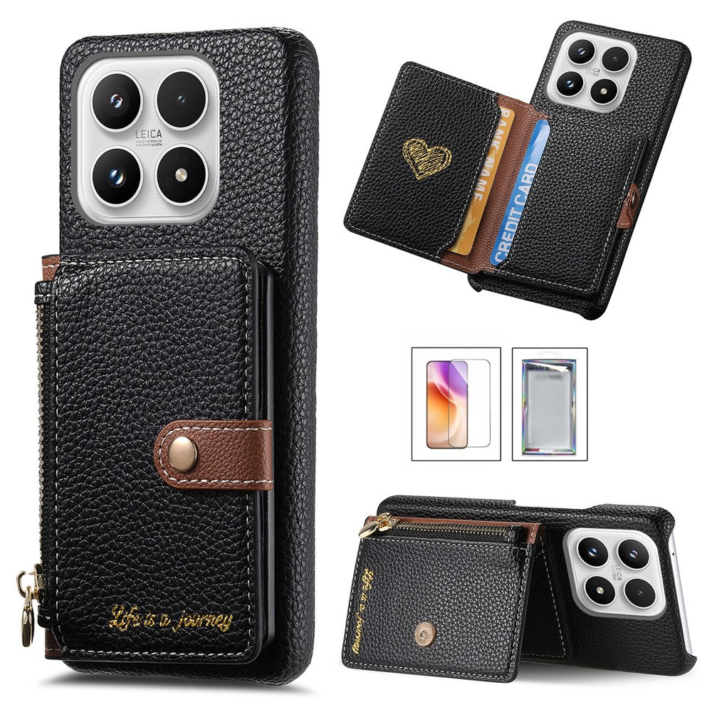 For Xiaomi 17 Case Zipper Card Holder Kickstand Litchi Texture Leather Back Cover with Tempered Glass Screen Protector