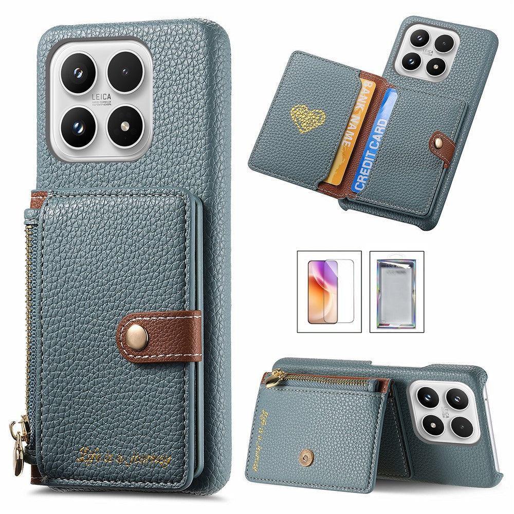For Xiaomi 17 Case Zipper Card Holder Kickstand Litchi Texture Leather Back Cover with Tempered Glass Screen Protector