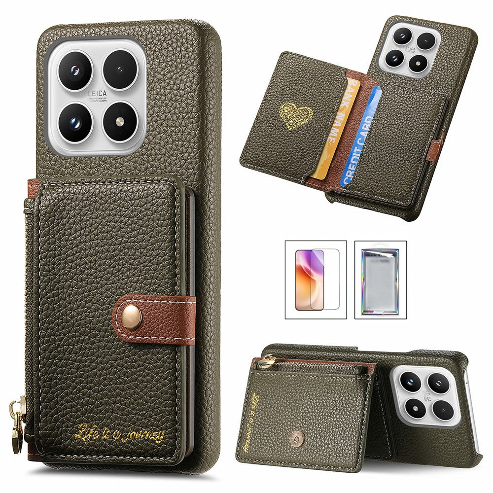 For Xiaomi 17 Case Zipper Card Holder Kickstand Litchi Texture Leather Back Cover with Tempered Glass Screen Protector