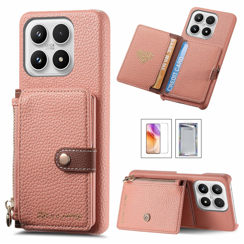 For Xiaomi 17 Case Zipper Card Holder Kickstand Litchi Texture Leather Back Cover with Tempered Glass Screen Protector
