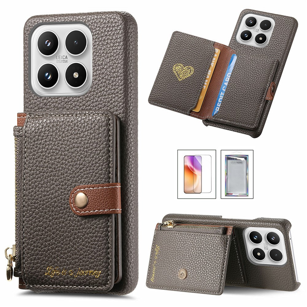 For Xiaomi 17 Case Zipper Card Holder Kickstand Litchi Texture Leather Back Cover with Tempered Glass Screen Protector