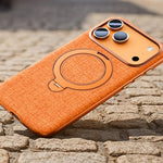 JAUCASE for iPhone 18 Pro / 17 Pro Magnetic Case Linen Texture Rotary Ring Kickstand PC + TPU Phone Cover