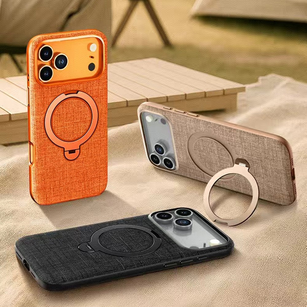 JAUCASE for iPhone 18 Pro / 17 Pro Magnetic Case Linen Texture Rotary Ring Kickstand PC + TPU Phone Cover