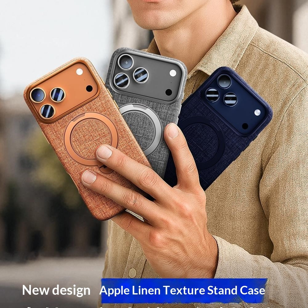 JAUCASE for iPhone 18 Pro / 17 Pro Magnetic Case Linen Texture Rotary Ring Kickstand PC + TPU Phone Cover