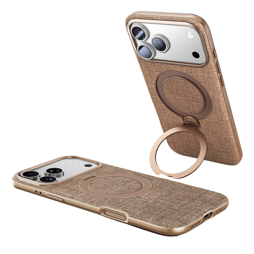 JAUCASE for iPhone 18 Pro / 17 Pro Magnetic Case Linen Texture Rotary Ring Kickstand PC + TPU Phone Cover