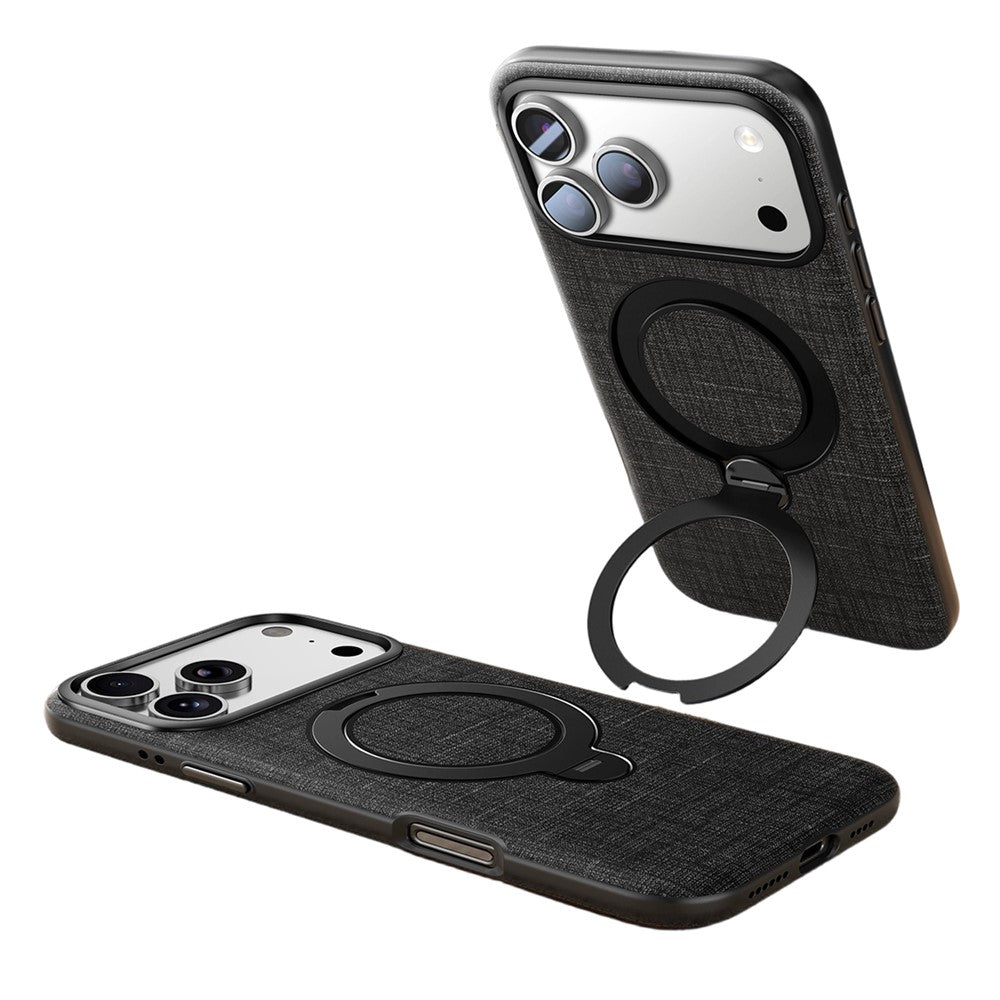 JAUCASE for iPhone 18 Pro / 17 Pro Magnetic Case Linen Texture Rotary Ring Kickstand PC + TPU Phone Cover