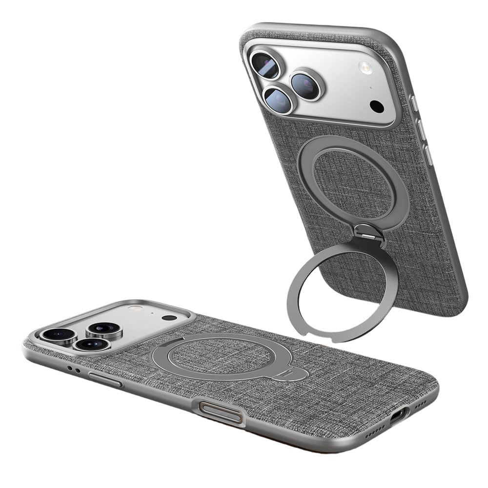 JAUCASE for iPhone 18 Pro / 17 Pro Magnetic Case Linen Texture Rotary Ring Kickstand PC + TPU Phone Cover