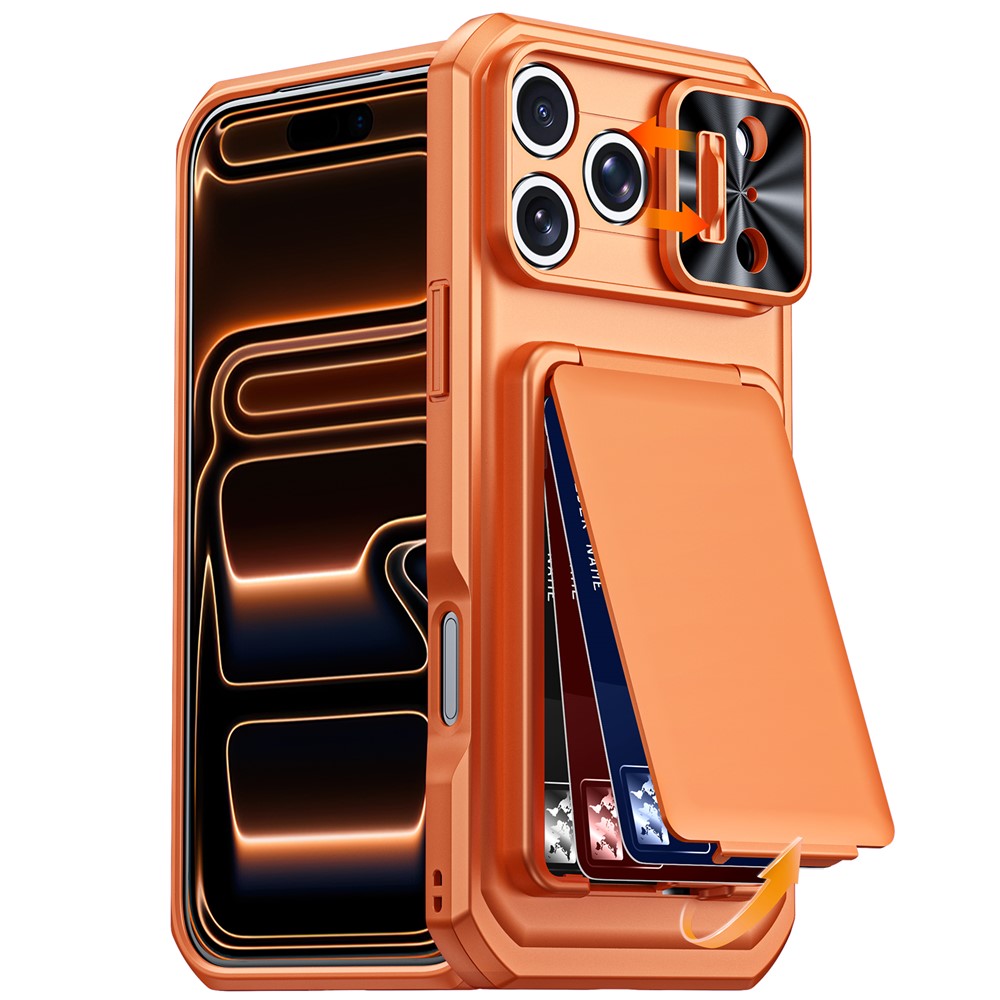 Til iPhone 18 Pro Max / 17 Pro Max Cover med skydelåg til linse, RFID-blokerende magnetisk kortholder, PC + TPU telefoncover