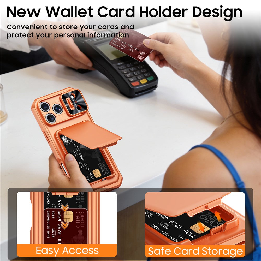 Til iPhone 18 Pro Max / 17 Pro Max Cover med skydelåg til linse, RFID-blokerende magnetisk kortholder, PC + TPU telefoncover