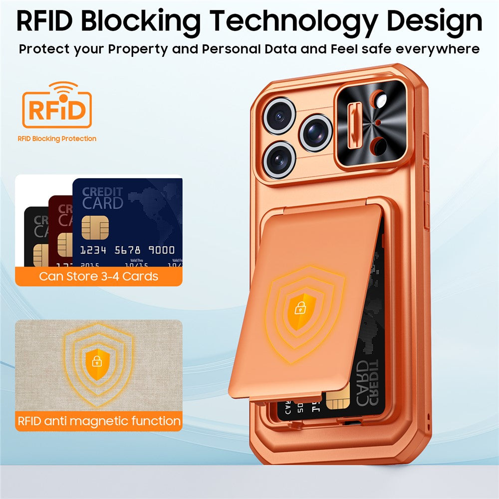 Til iPhone 18 Pro Max / 17 Pro Max Cover med skydelåg til linse, RFID-blokerende magnetisk kortholder, PC + TPU telefoncover