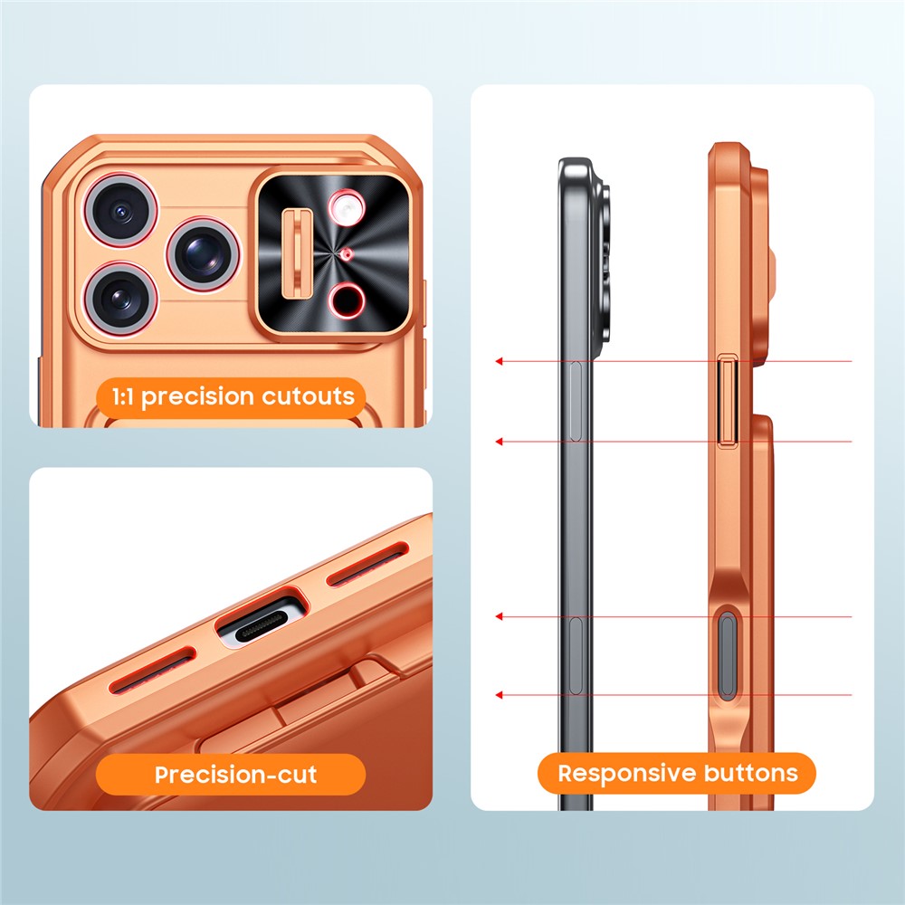 Til iPhone 18 Pro Max / 17 Pro Max Cover med skydelåg til linse, RFID-blokerende magnetisk kortholder, PC + TPU telefoncover