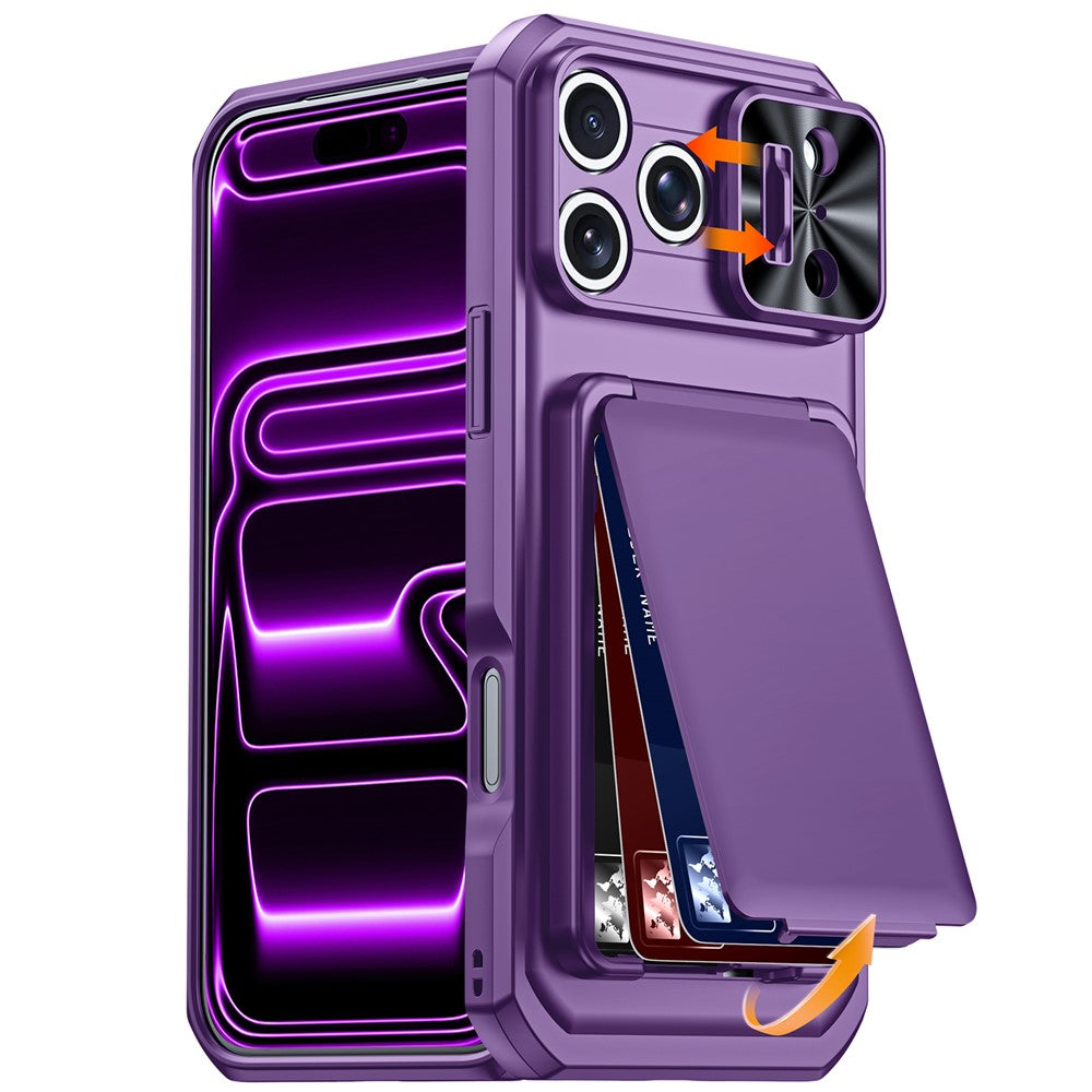 Til iPhone 18 Pro Max / 17 Pro Max Cover med skydelåg til linse, RFID-blokerende magnetisk kortholder, PC + TPU telefoncover