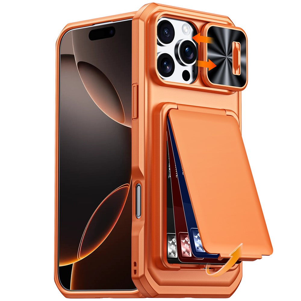 Til iPhone 16 Pro Max cover med skydelinsedæksel, RFID-blokerende magnetisk kortholder, PC + TPU telefonskal