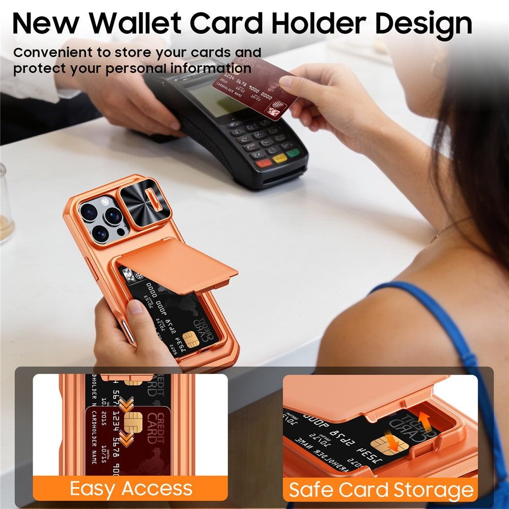 Til iPhone 16 Pro Max cover med skydelinsedæksel, RFID-blokerende magnetisk kortholder, PC + TPU telefonskal
