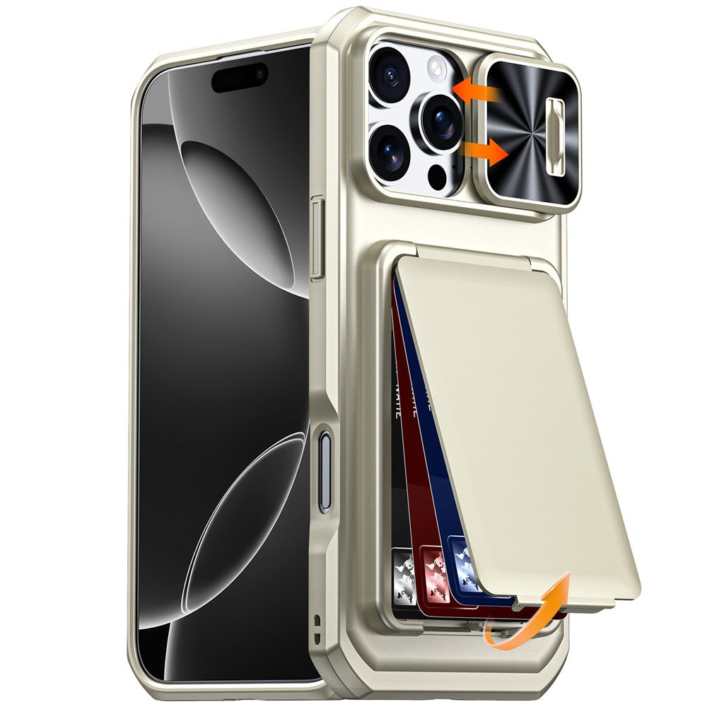 Til iPhone 16 Pro Max cover med skydelinsedæksel, RFID-blokerende magnetisk kortholder, PC + TPU telefonskal