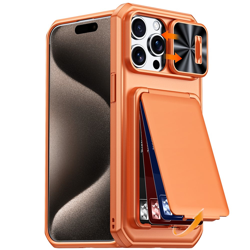 iPhone 15 Pro Max-skal med glidande linsskydd, RFID-blockerande magnetiskt korthållare, PC + TPU-mobilskal