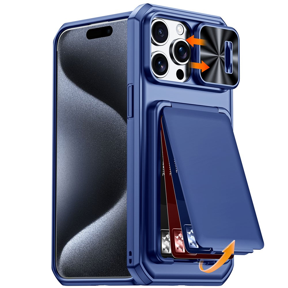 For iPhone 15 Pro Max Case Slide Lens Cover RFID Blocking Magnetic Card Holder PC + TPU Phone Shell