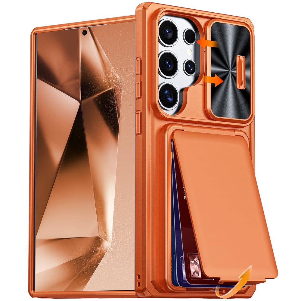 For Samsung Galaxy S26 Ultra Case Slide Lens Cover RFID Blocking Magnetic Card Holder PC + TPU Phone Shell