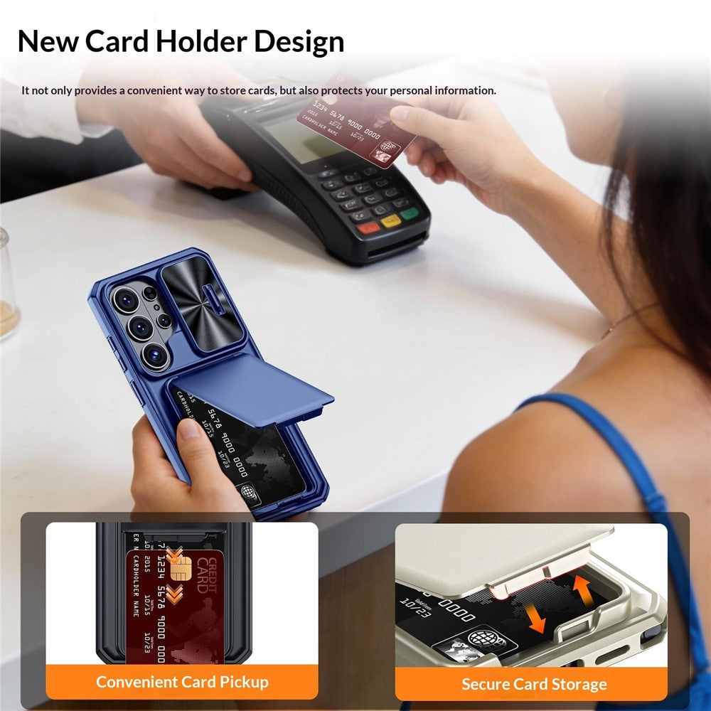 For Samsung Galaxy S26 Ultra Case Slide Lens Cover RFID Blocking Magnetic Card Holder PC + TPU Phone Shell