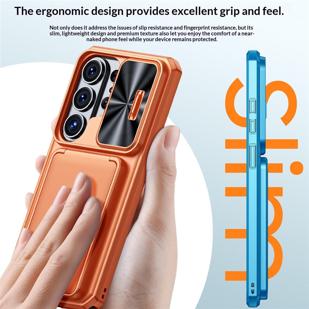 For Samsung Galaxy S26 Ultra Case Slide Lens Cover RFID Blocking Magnetic Card Holder PC + TPU Phone Shell