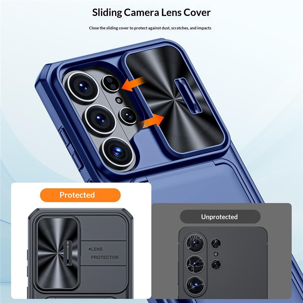 For Samsung Galaxy S26 Ultra Case Slide Lens Cover RFID Blocking Magnetic Card Holder PC + TPU Phone Shell