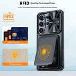 For Samsung Galaxy S26 Ultra Case Slide Lens Cover RFID Blocking Magnetic Card Holder PC + TPU Phone Shell