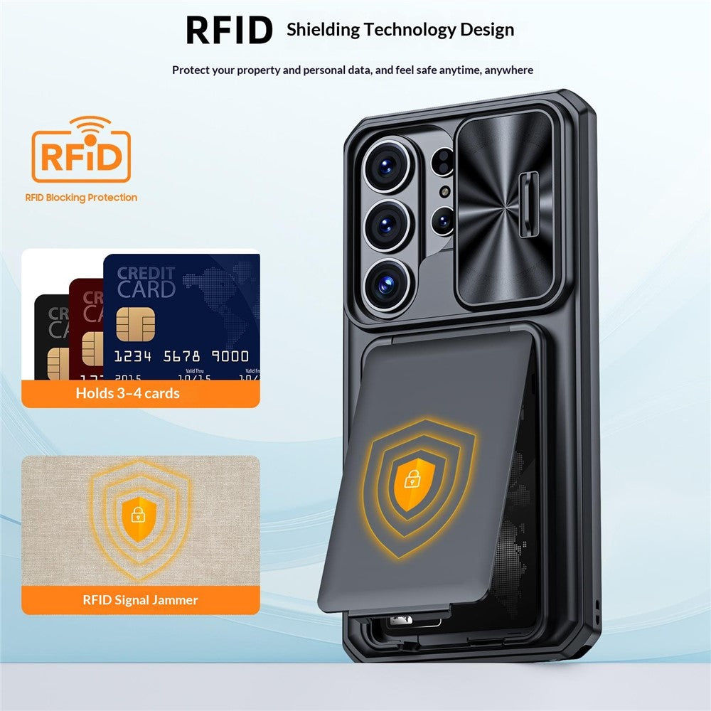 For Samsung Galaxy S26 Ultra Case Slide Lens Cover RFID Blocking Magnetic Card Holder PC + TPU Phone Shell