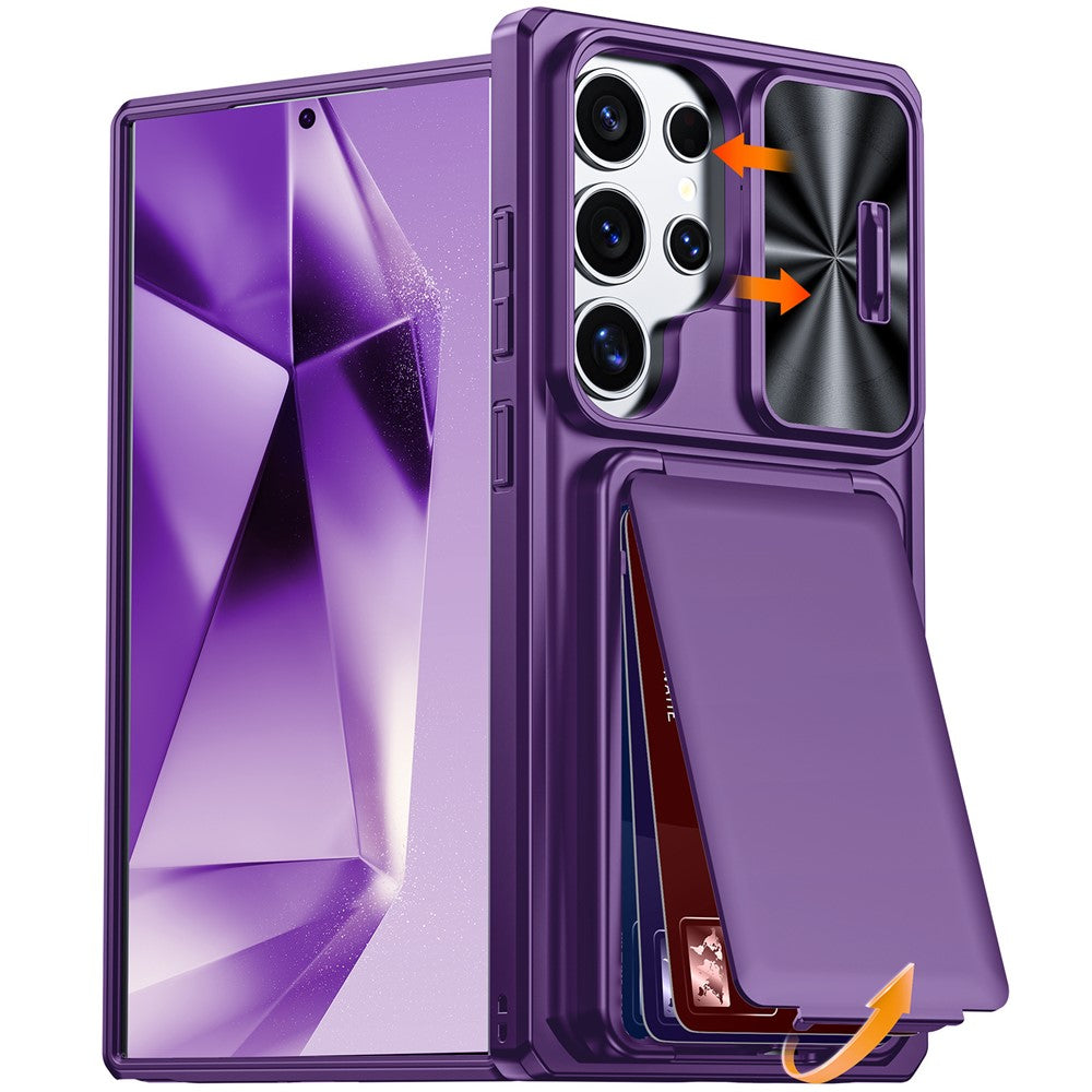 For Samsung Galaxy S26 Ultra Case Slide Lens Cover RFID Blocking Magnetic Card Holder PC + TPU Phone Shell