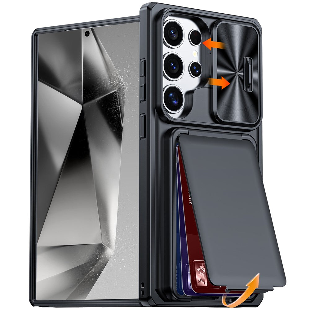 For Samsung Galaxy S26 Ultra Case Slide Lens Cover RFID Blocking Magnetic Card Holder PC + TPU Phone Shell