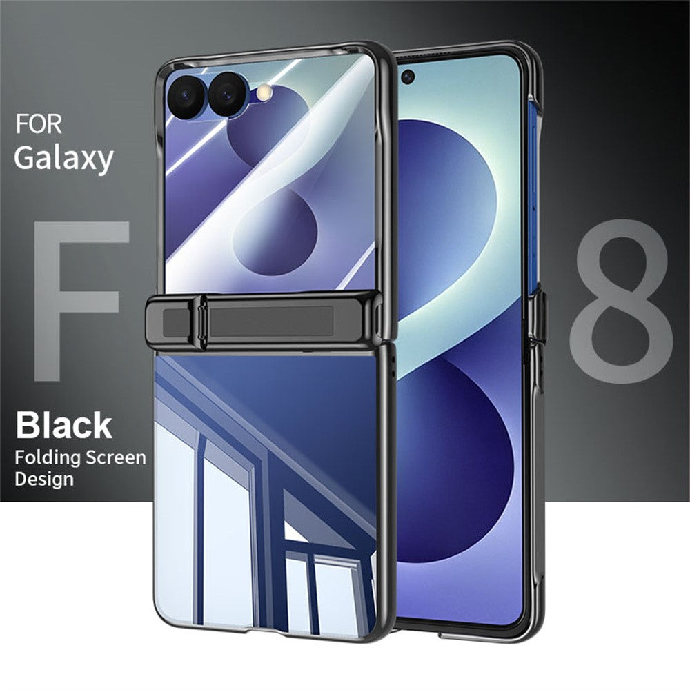 Samsung Galaxy Z Flip8-cover med HD-klar hærdet glasfilm, hængselstativ og galvaniseret PC-mobilcover