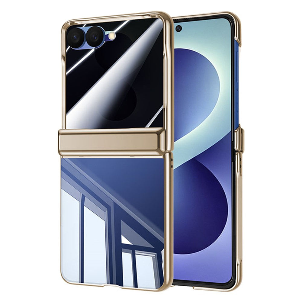 For Samsung Galaxy Z Flip8 Case with HD Clear Tempered Glass Film, Hinge Kickstand Electroplating PC Phone Cover