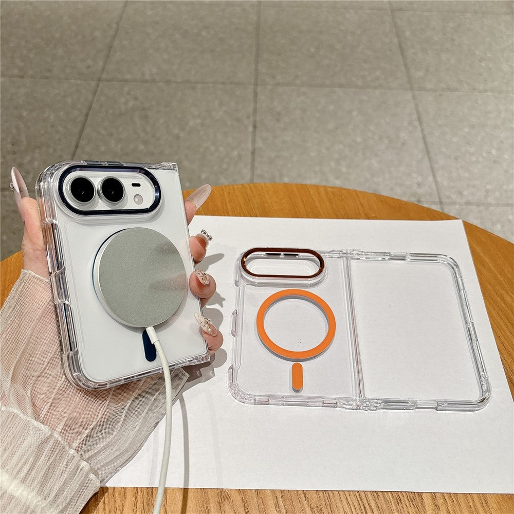 For iPhone Fold Magnetic Case Transparent PC Shockproof Folding Phone Cover with Raised Camera Rim