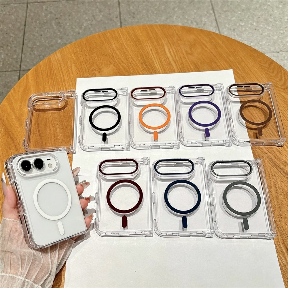 For iPhone Fold Magnetic Case Transparent PC Shockproof Folding Phone Cover with Raised Camera Rim