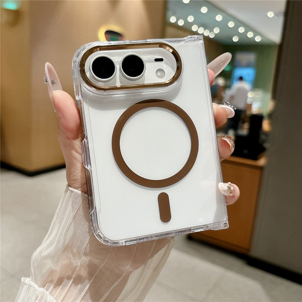 For iPhone Fold Magnetic Case Transparent PC Shockproof Folding Phone Cover with Raised Camera Rim