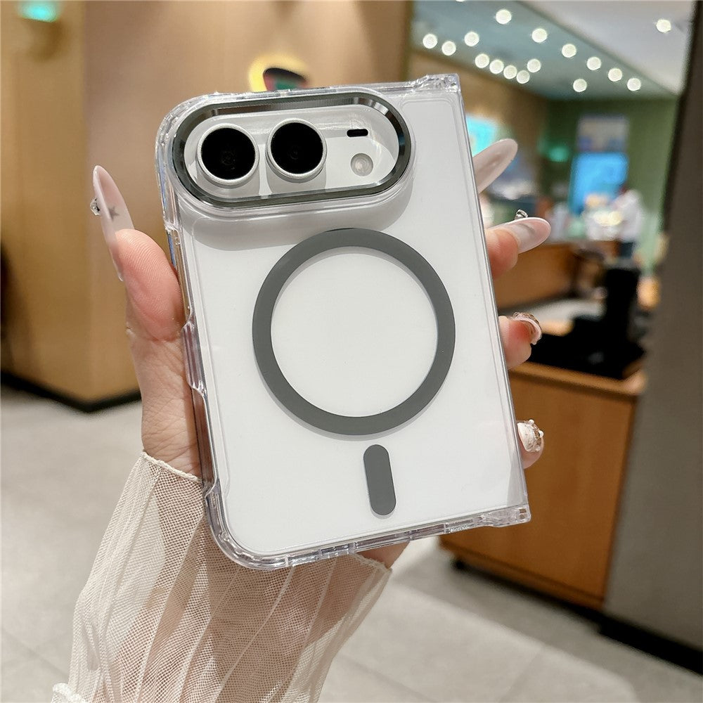 For iPhone Fold Magnetic Case Transparent PC Shockproof Folding Phone Cover with Raised Camera Rim