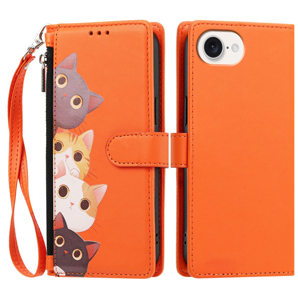 For iPhone 17th / 16th Case Cute Cat Pattern PU Leather Flip Wallet Phone Cover with Wrist Strap