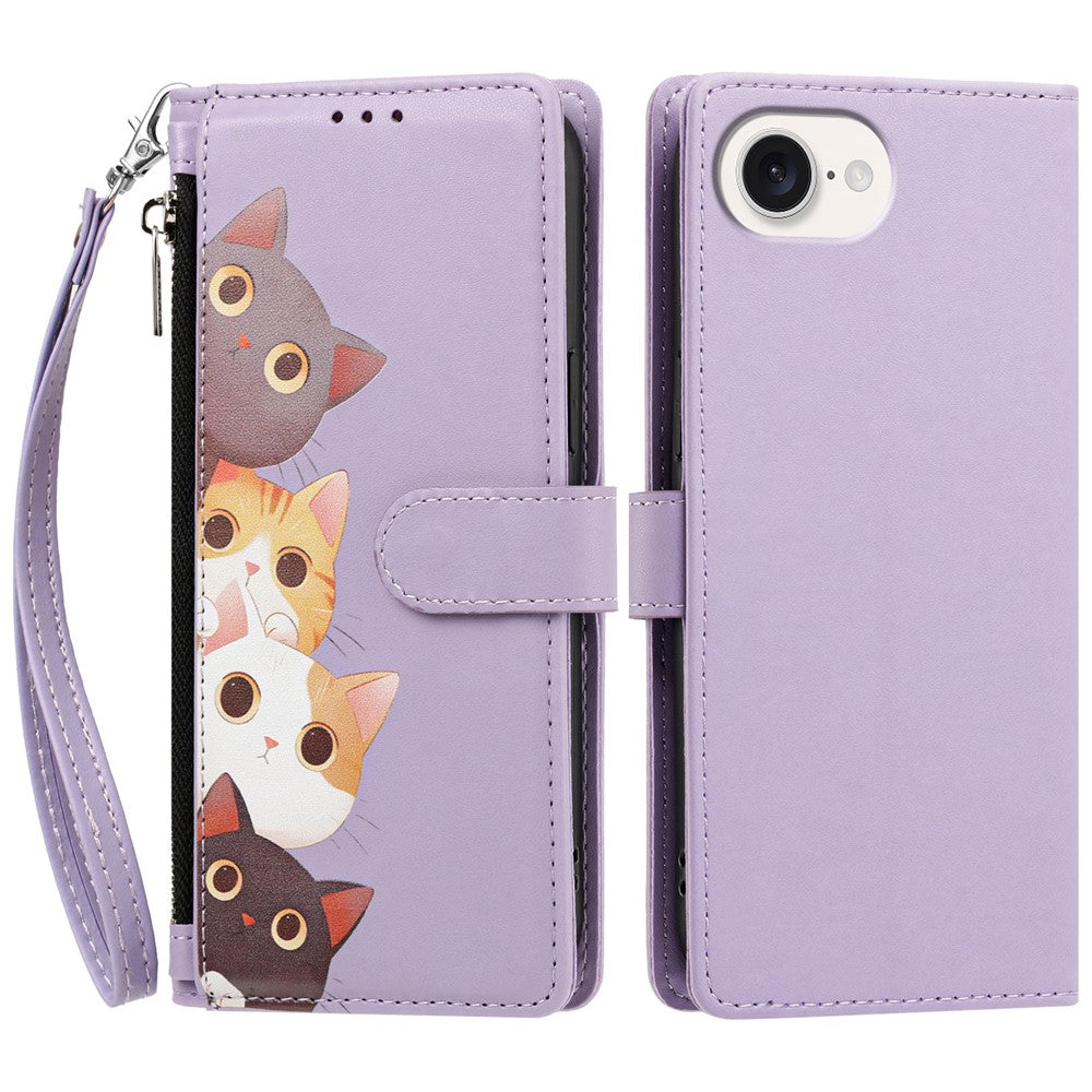 Til iPhone 17e / 16e Cover Med Sødt Katteprint, PU Læder Flip Wallet Telefoncover med Håndrem