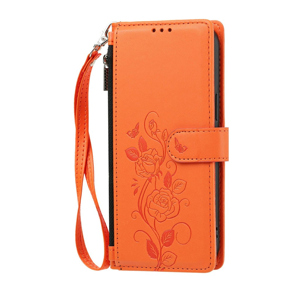 For iPhone 17th / 16th Case Rose Pattern Imprinted Wallet Stand PU Leather Phone Cover with Wrist Strap