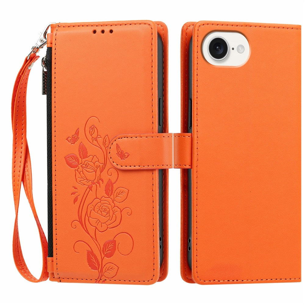 For iPhone 17th / 16th Case Rose Pattern Imprinted Wallet Stand PU Leather Phone Cover with Wrist Strap