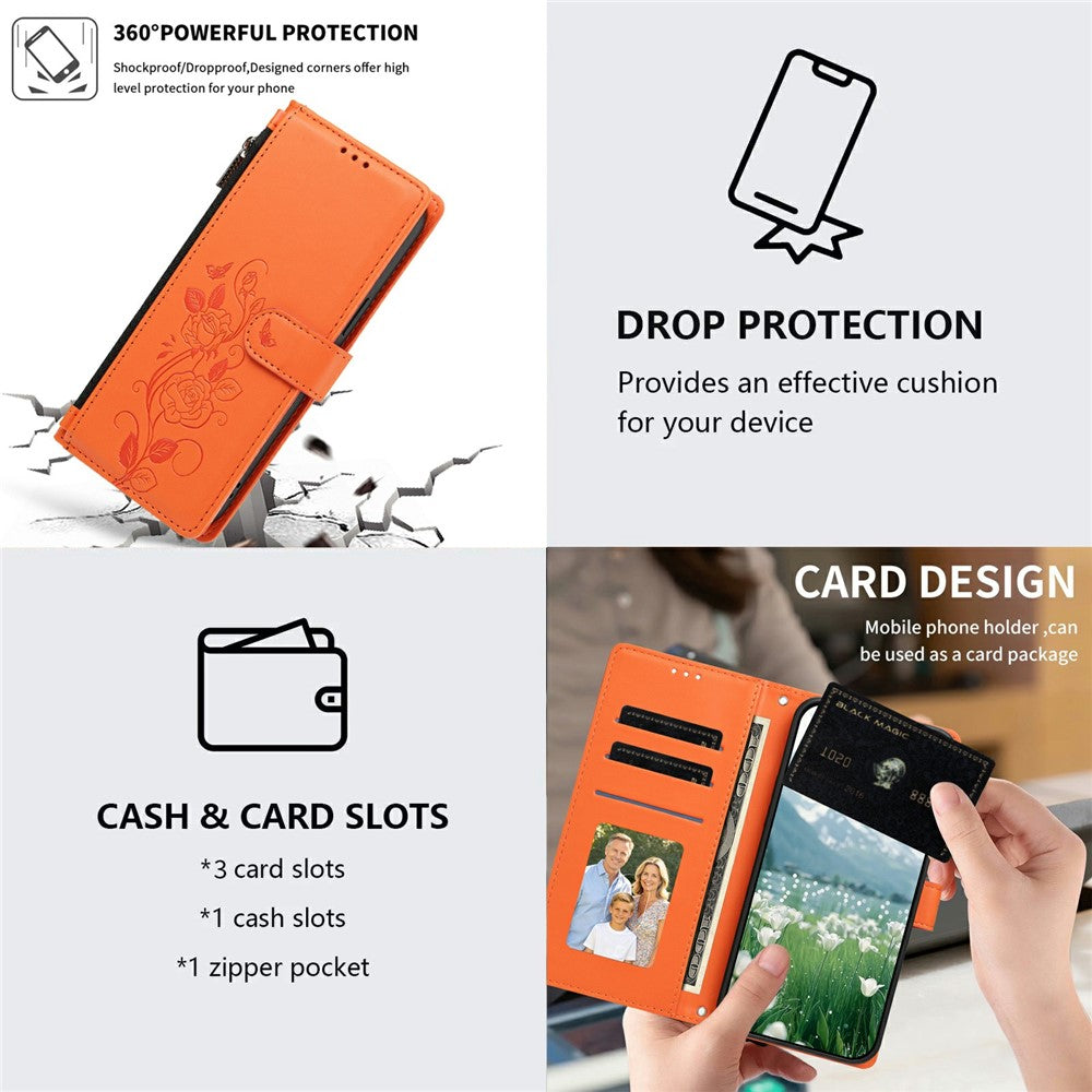 For iPhone 17th / 16th Case Rose Pattern Imprinted Wallet Stand PU Leather Phone Cover with Wrist Strap