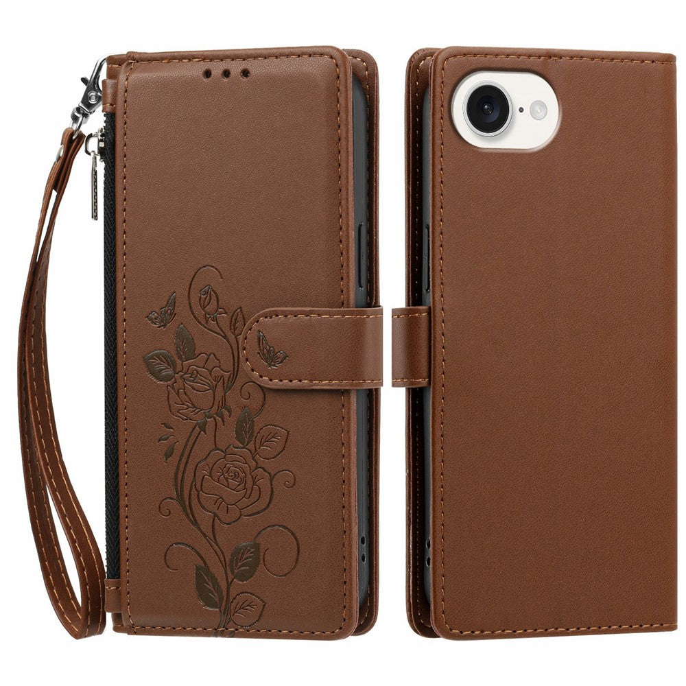 For iPhone 17th / 16th Case Rose Pattern Imprinted Wallet Stand PU Leather Phone Cover with Wrist Strap