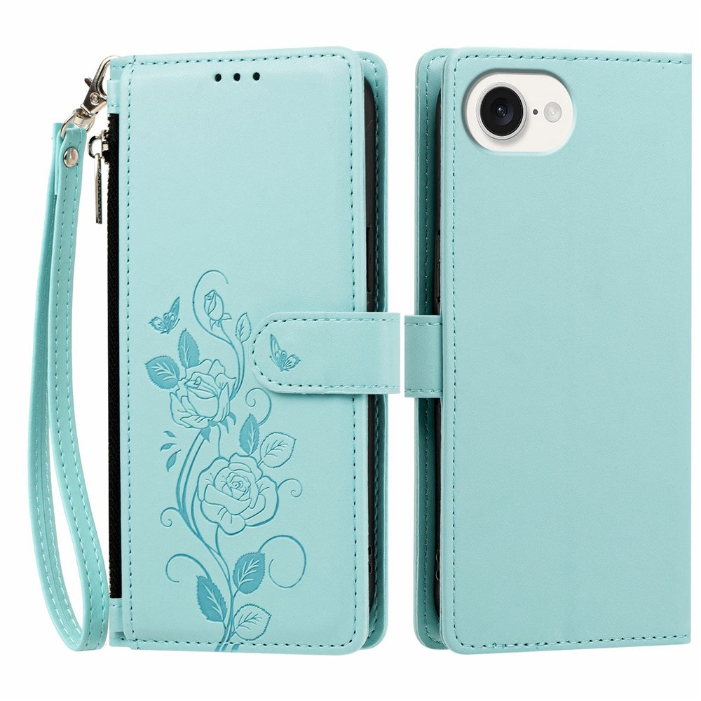 For iPhone 17th / 16th Case Rose Pattern Imprinted Wallet Stand PU Leather Phone Cover with Wrist Strap