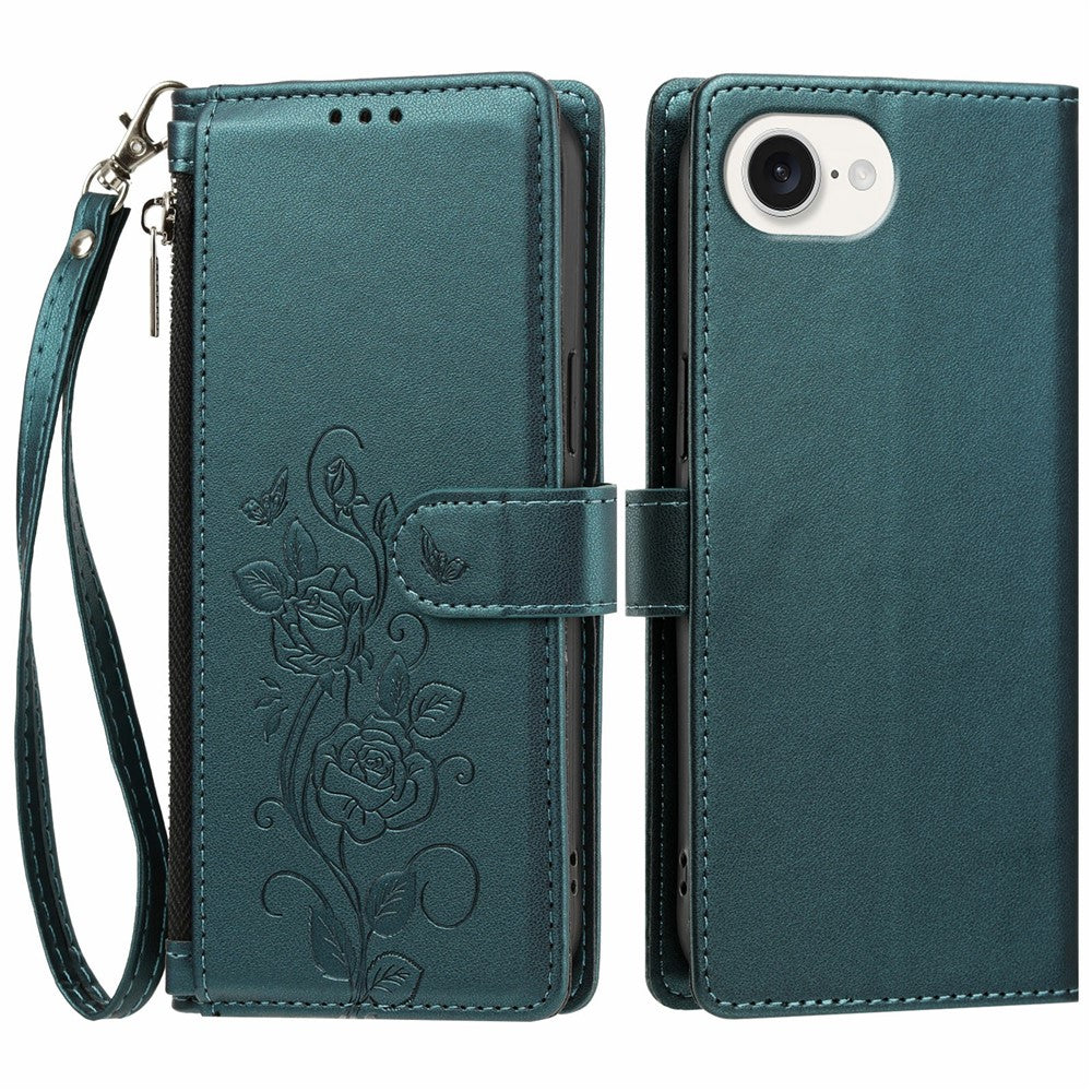 For iPhone 17th / 16th Case Rose Pattern Imprinted Wallet Stand PU Leather Phone Cover with Wrist Strap