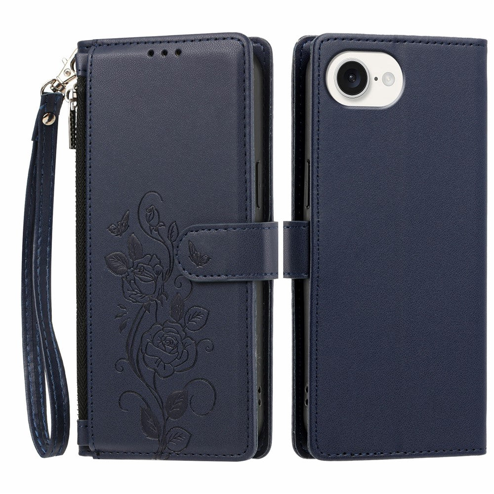 For iPhone 17th / 16th Case Rose Pattern Imprinted Wallet Stand PU Leather Phone Cover with Wrist Strap