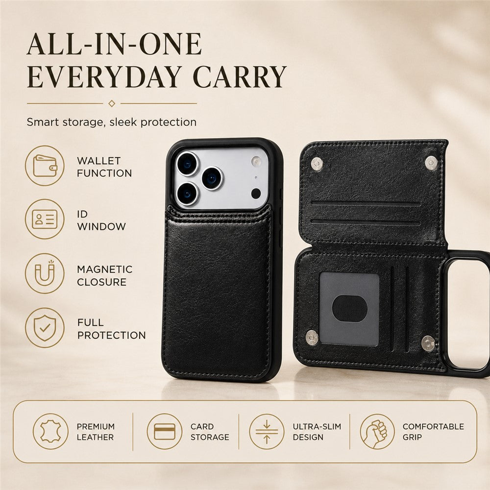 Wallet Case for iPhone 18 Pro  /  iPhone 17 Pro Magnetic Closure Card Holder Leather Phone Cover