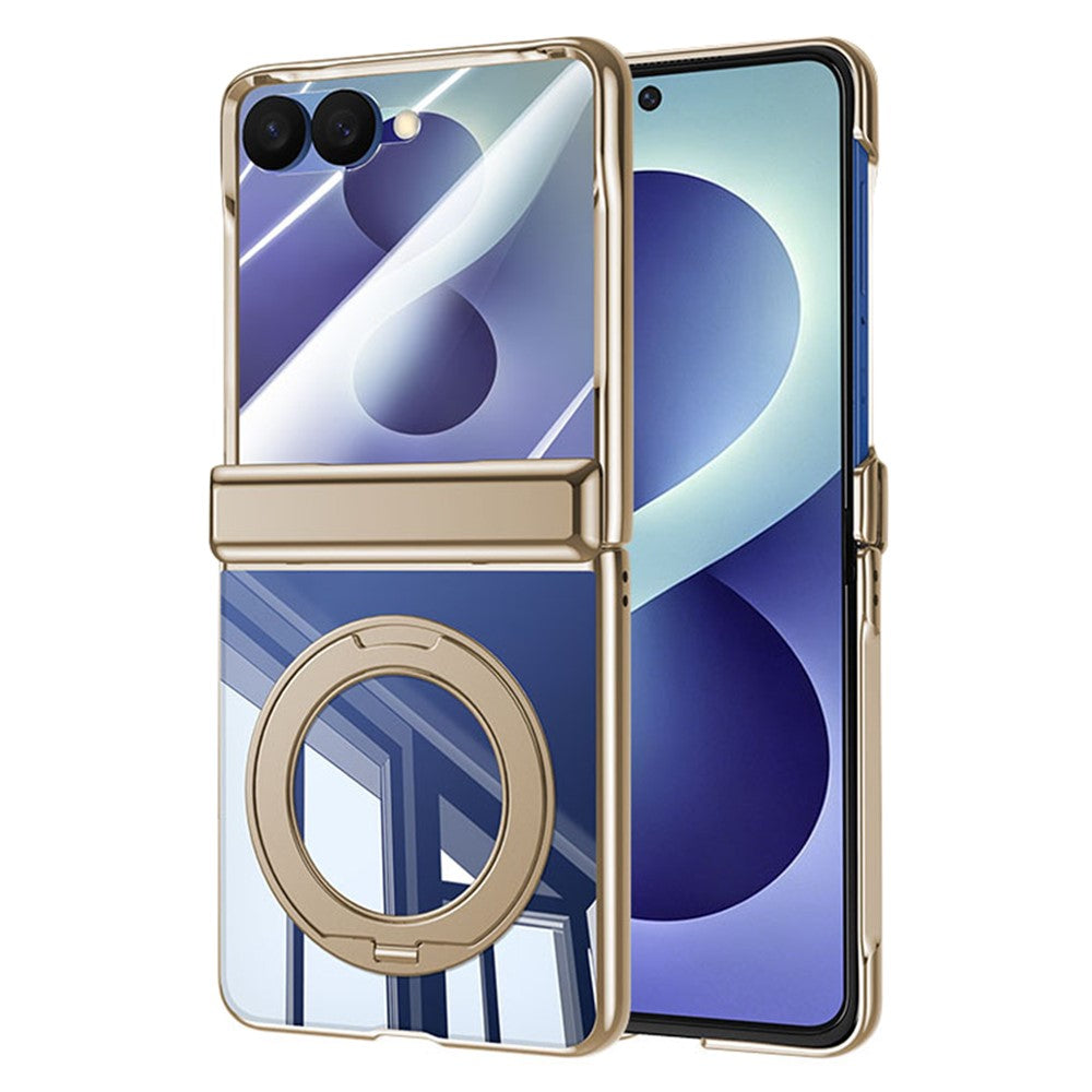 For Samsung Galaxy Z Flip8 Case with HD Clear Screen Film, Magnetic Rotating Kickstand Electroplating PC Phone Cover