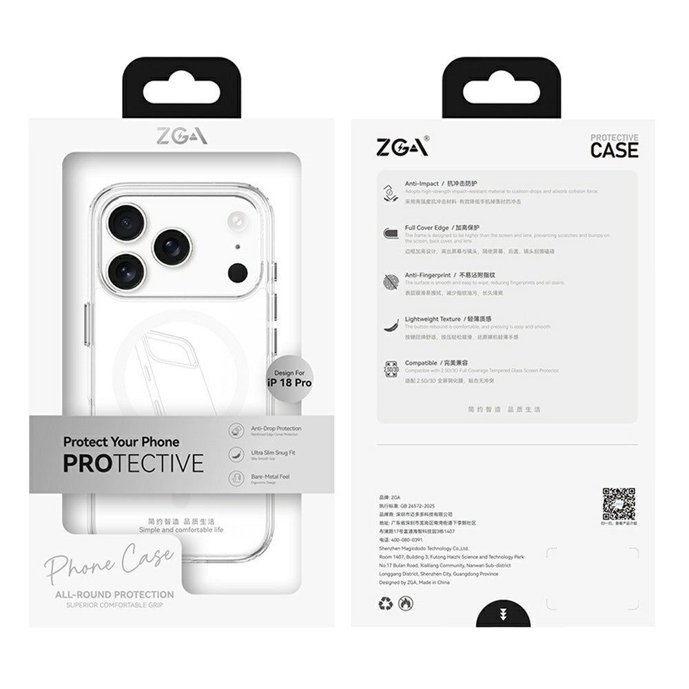 ZGA for iPhone 18 Pro Max Magnetic Case Crystal Clear PC TPU Anti-Scratch Phone Cover